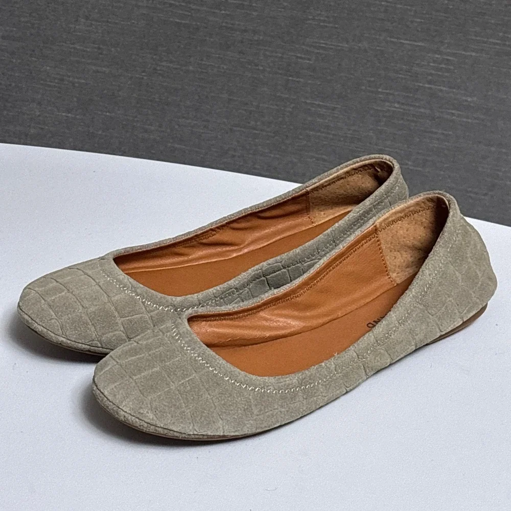 Lucky Brand Flats 8 Taupe Beige Croc Embossed Suede Slip On Ballet Emmie Boho